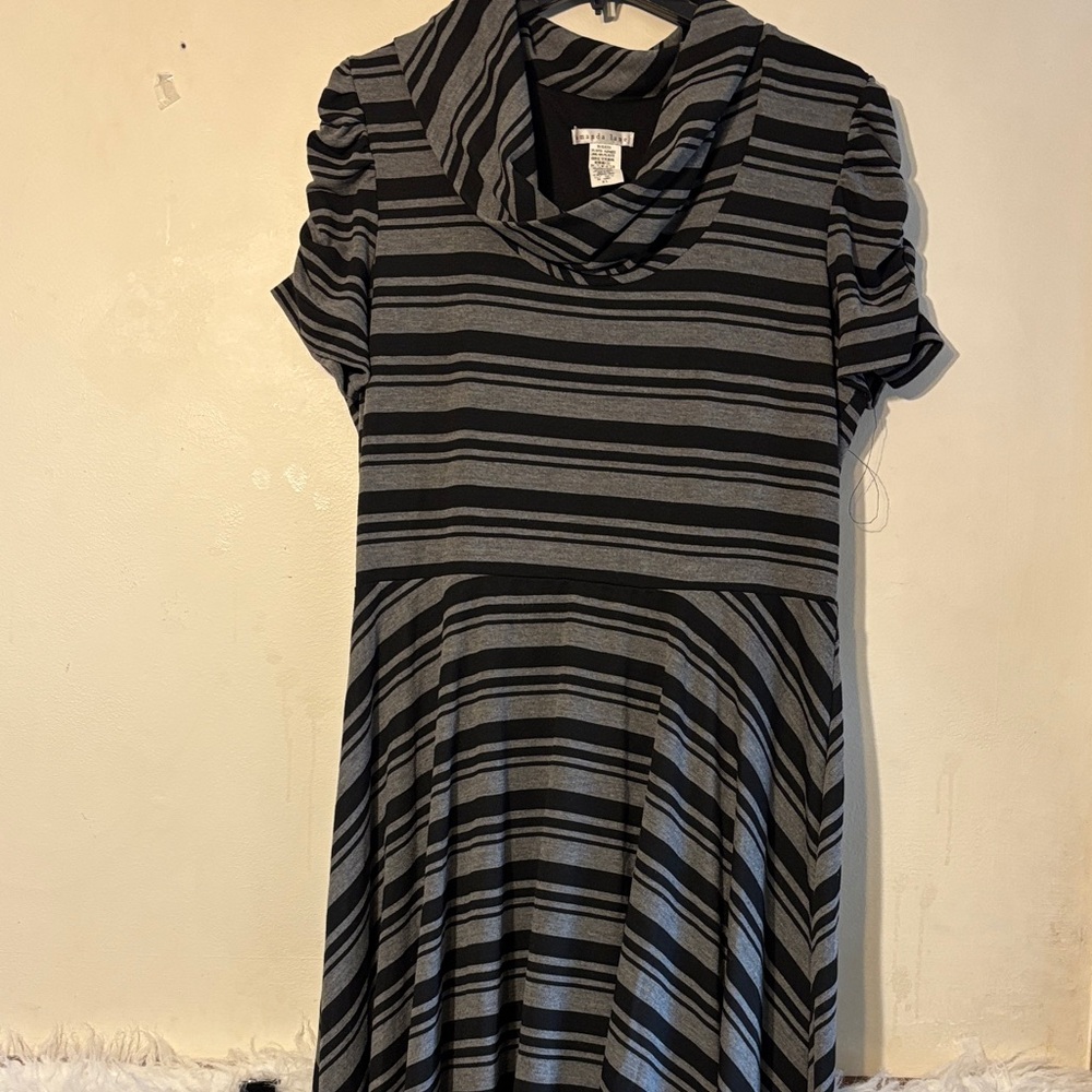 Amanda Lane Black and Gray Striped High-Low Cowl Neck Dress